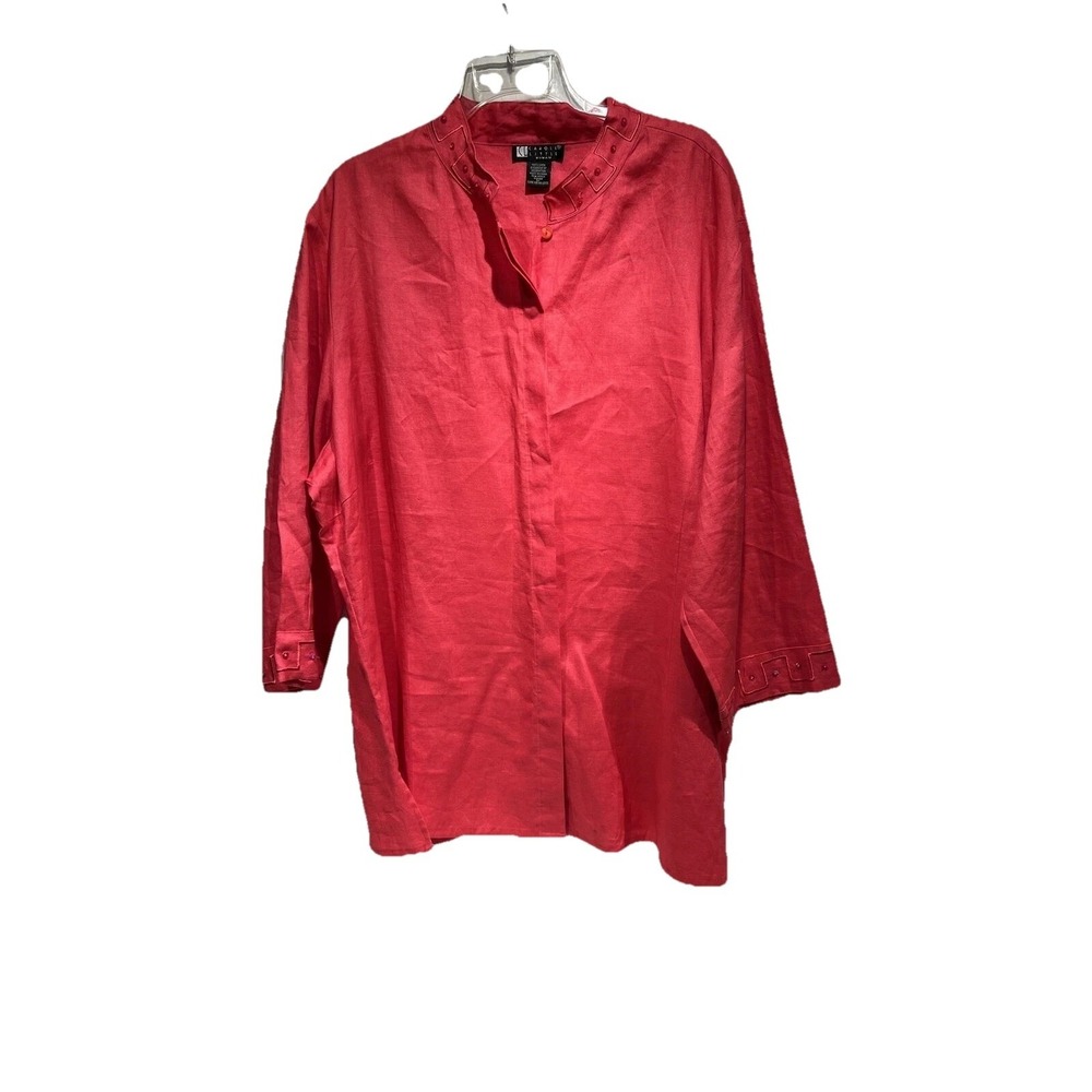 Carole Little Red Button 100% Linen‎ Blouse Cardigan Women 3X Embroidered